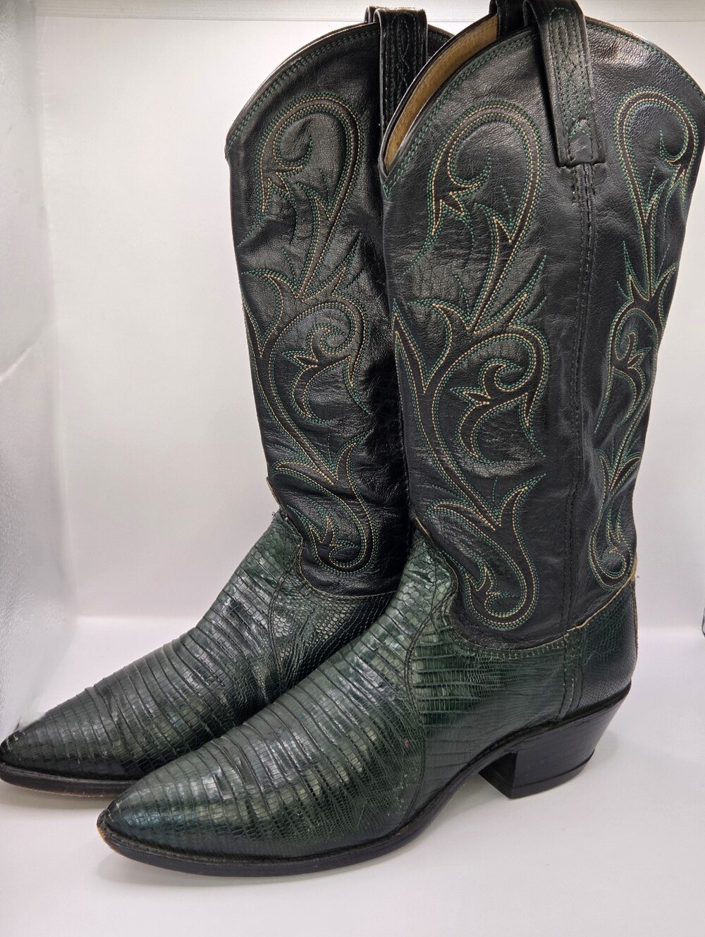 Vintage Dan Post Green & Black Exotic Teju Lizard Cowboy Boots